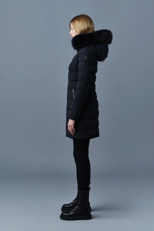 CALLA Agile-360 stretch light down coat with blue fox fur collar