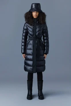CORALIA down coat with hood and sash belt