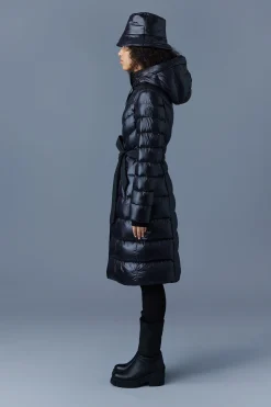 CORALIA down coat with hood and sash belt