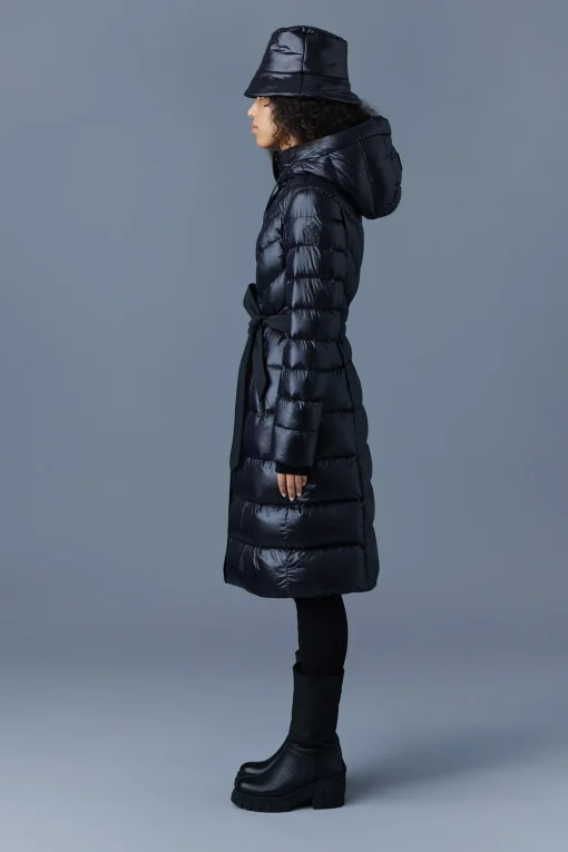 CORALIA down coat with hood and sash belt