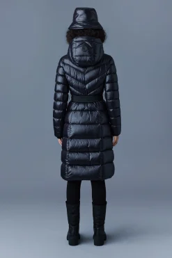 CORALIA down coat with hood and sash belt