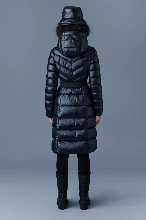 CORALIA down coat with hood and sash belt