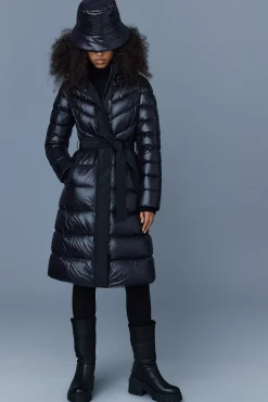 CORALIA down coat with hood and sash belt