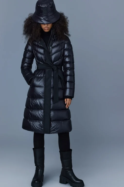CORALIA down coat with hood and sash belt