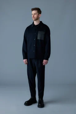 EMMANUEL Double-face wool overshirt with leather patch pocket