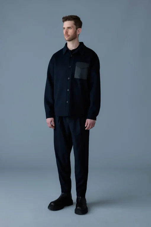 EMMANUEL Double-face wool overshirt with leather patch pocket
