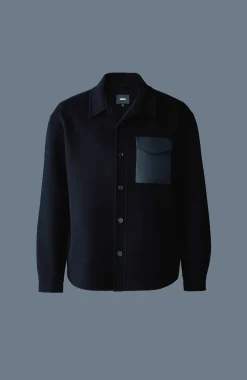 EMMANUEL Double-face wool overshirt with leather patch pocket