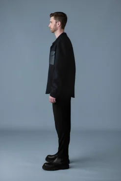 EMMANUEL Double-face wool overshirt with leather patch pocket