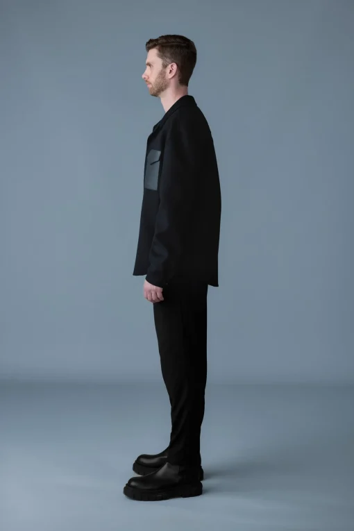 EMMANUEL Double-face wool overshirt with leather patch pocket