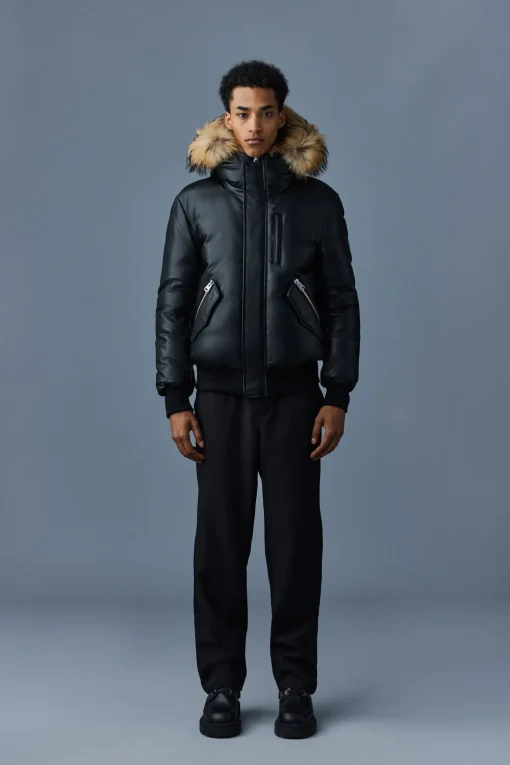GLEN 2-in-1 (r) Leather bomber jacket with hooded bib & natural fur