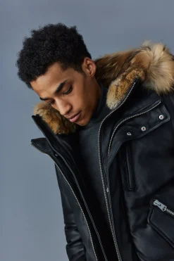 GLEN 2-in-1 (r) Leather bomber jacket with hooded bib & natural fur
