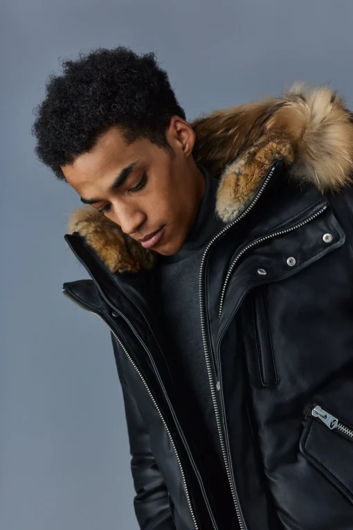 GLEN 2-in-1 (r) Leather bomber jacket with hooded bib & natural fur