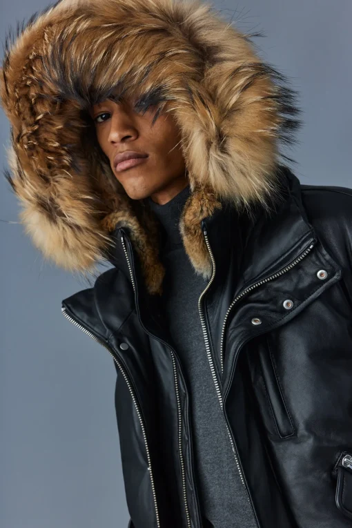 GLEN 2-in-1 (r) Leather bomber jacket with hooded bib & natural fur