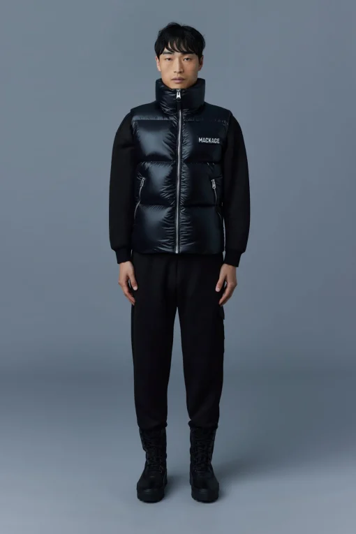 KANE lustrous light down vest with funnel collar