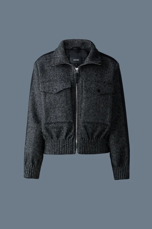 PATTY-HB Short herringbone wool jacket with leather detail