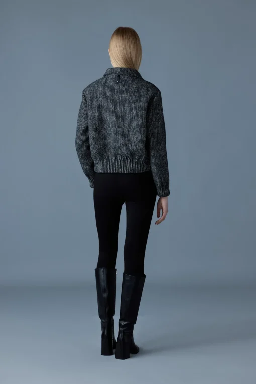 PATTY-HB Short herringbone wool jacket with leather detail