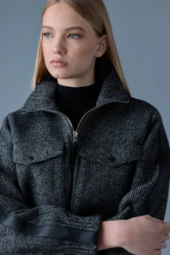 PATTY-HB Short herringbone wool jacket with leather detail