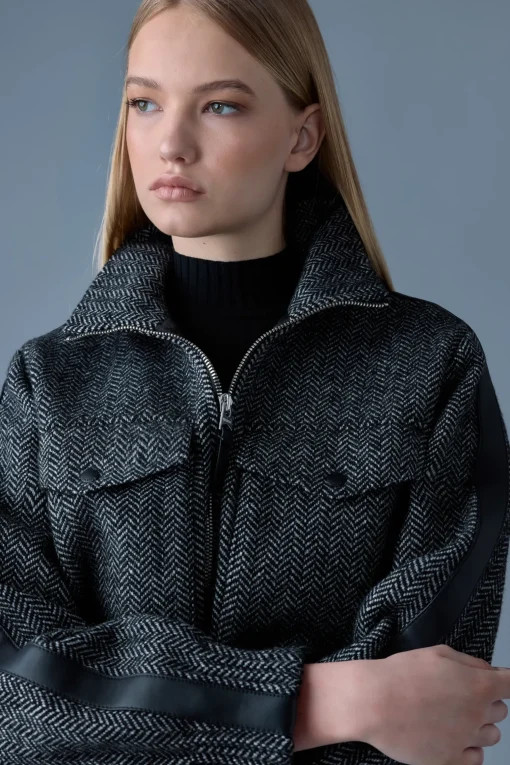 PATTY-HB Short herringbone wool jacket with leather detail