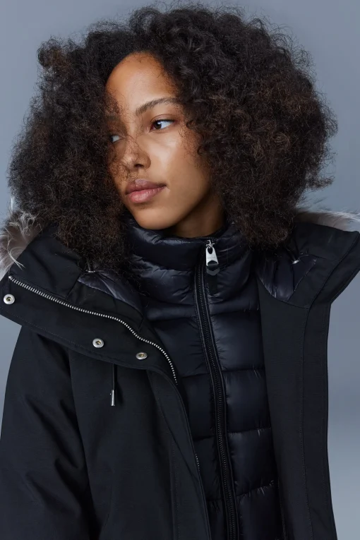 SHILOH 2-in-1 fitted down coat with removable bib and silver fox fur