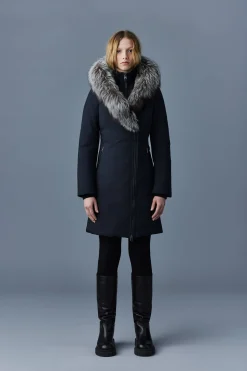 TRISH Powder Touch down coat with silver fox fur Signature Mackage Collar