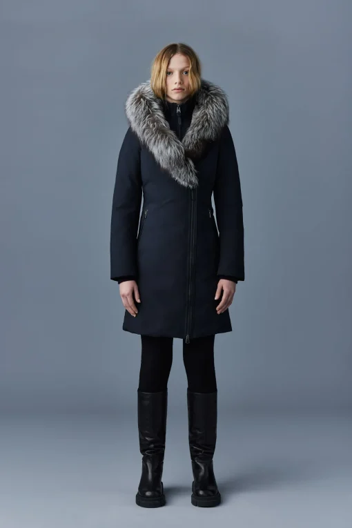 TRISH Powder Touch down coat with silver fox fur Signature Mackage Collar