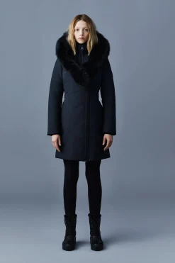 TRISH Powder Touch down coat with blue fox fur Signature Mackage Collar