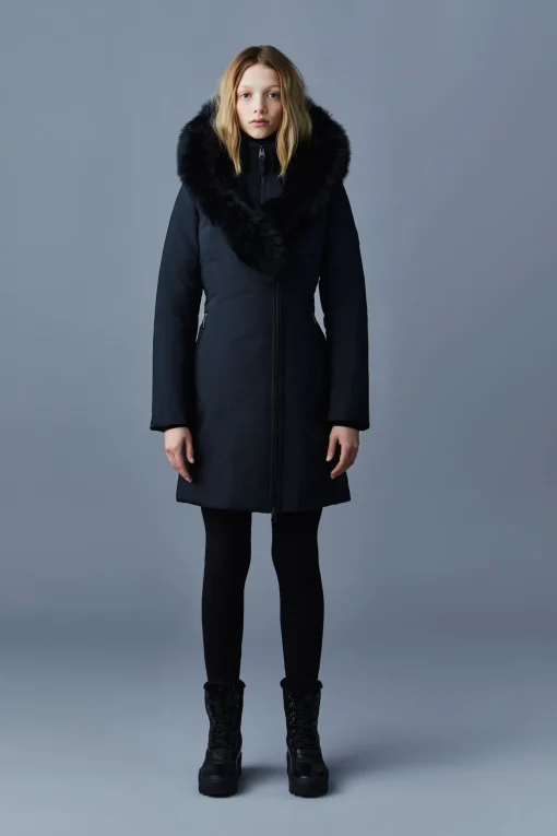 TRISH Powder Touch down coat with blue fox fur Signature Mackage Collar