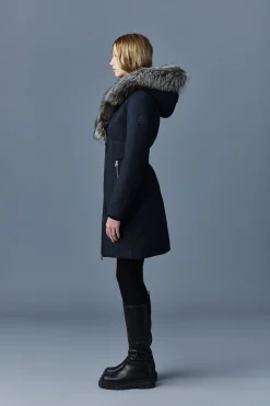 TRISH Powder Touch down coat with silver fox fur Signature Mackage Collar
