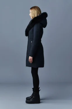 TRISH Powder Touch down coat with blue fox fur Signature Mackage Collar