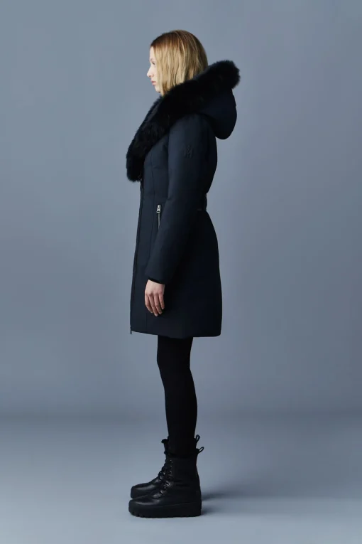 TRISH Powder Touch down coat with blue fox fur Signature Mackage Collar
