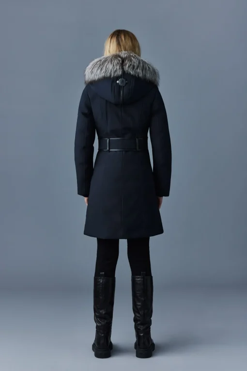 TRISH Powder Touch down coat with silver fox fur Signature Mackage Collar