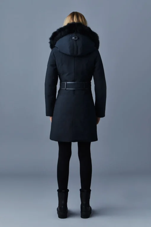 TRISH Powder Touch down coat with blue fox fur Signature Mackage Collar