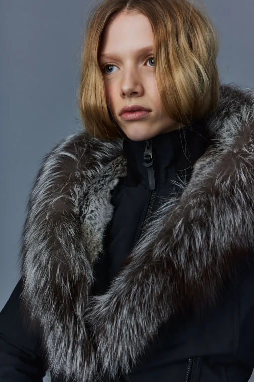 TRISH Powder Touch down coat with silver fox fur Signature Mackage Collar