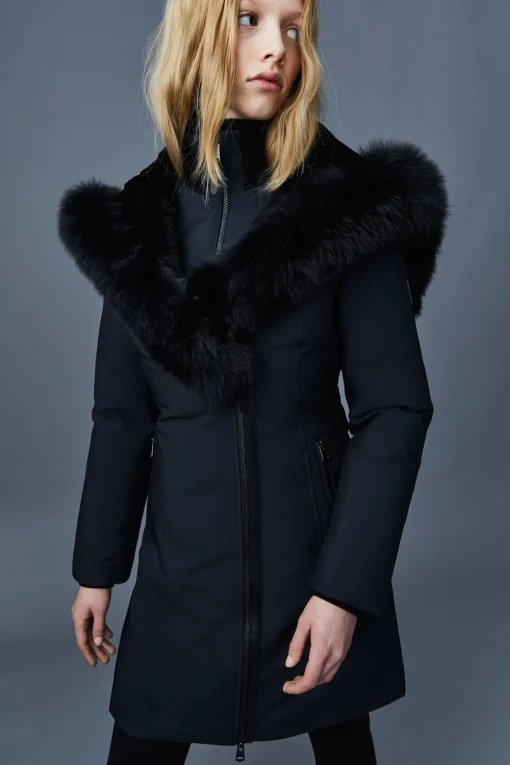TRISH Powder Touch down coat with blue fox fur Signature Mackage Collar